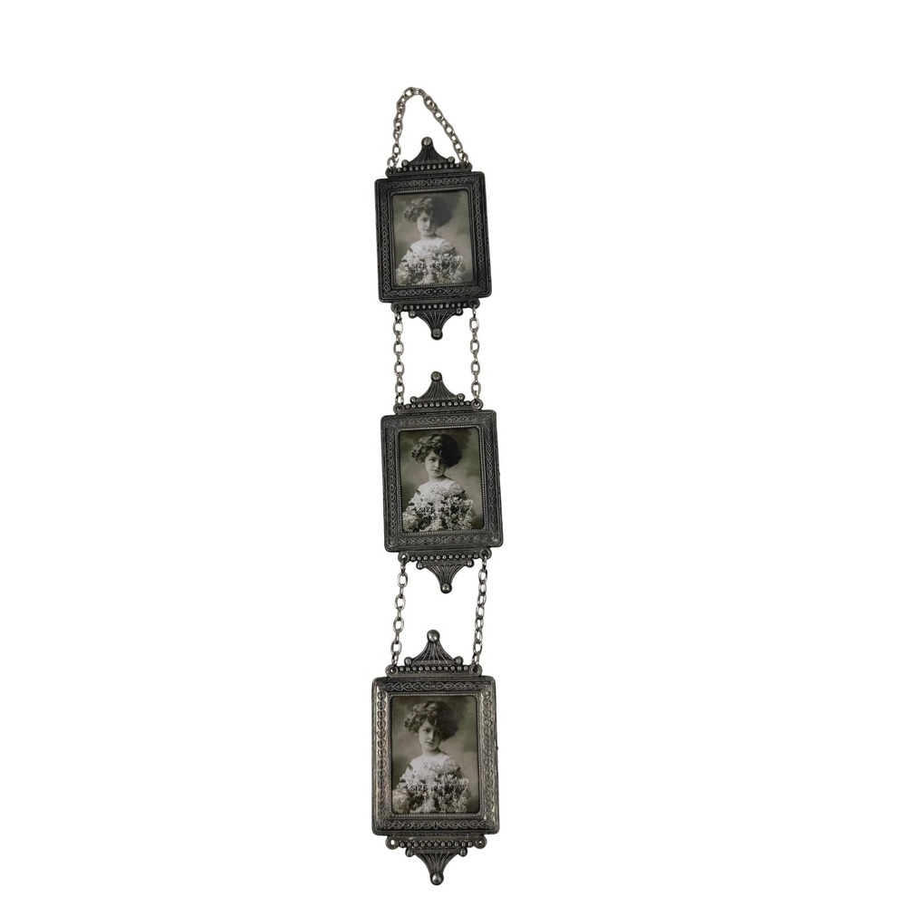 Vintage Victorian Style Hanging Triple Picture Frame Set Silver Metal Ornate